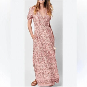 Faherty Orinda Earth Block Floral Print Tiered Maxi Dress Brown Pink Cream NWT